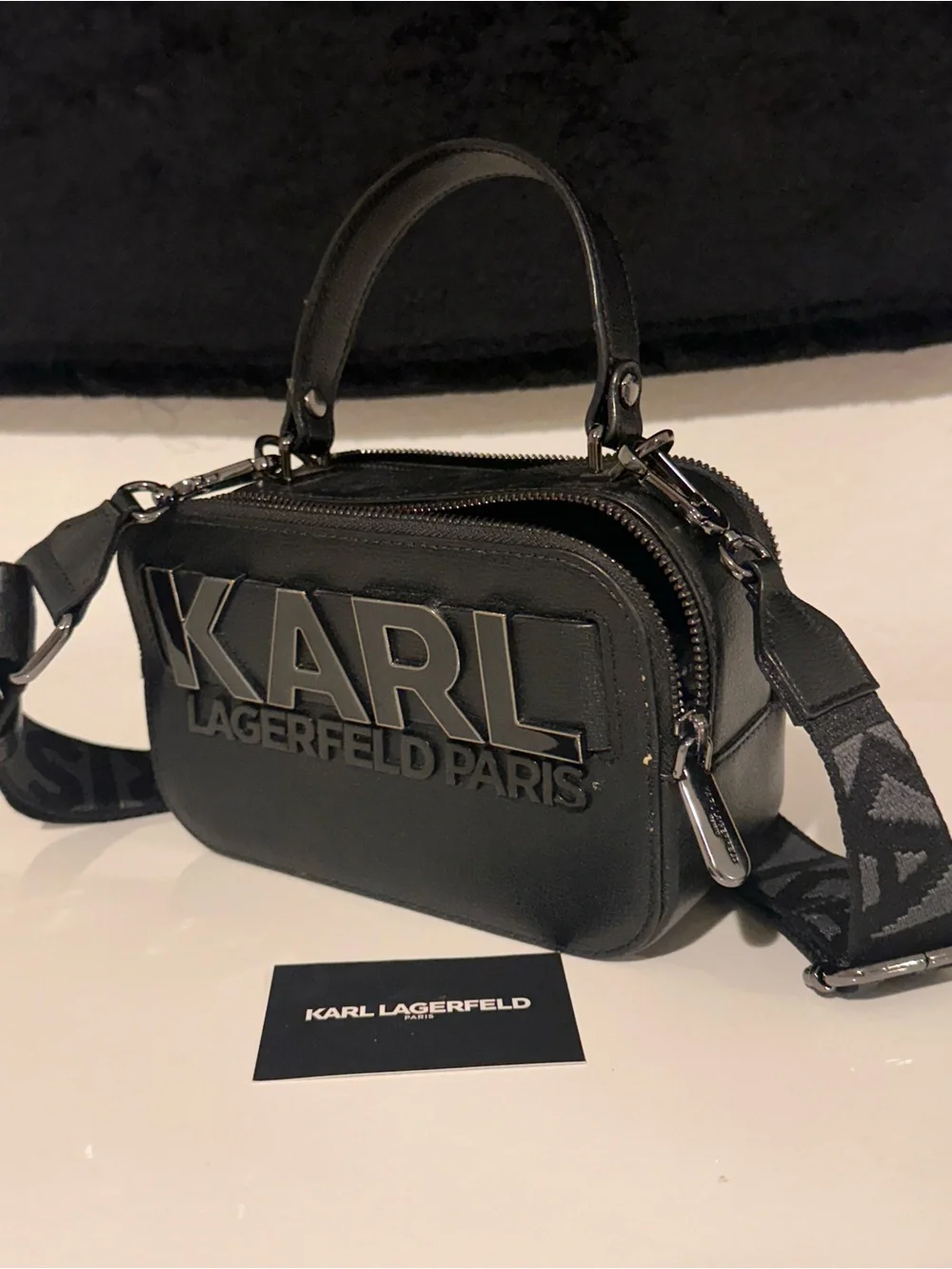 Karl Lagerfeld Black Embossed Logo Crossbody with Detachable Strap